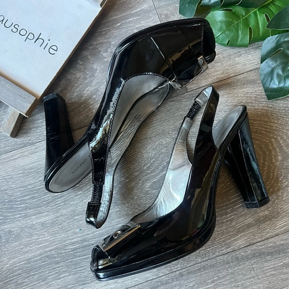 Marc fisher pilgrim buckle peep toe black patent slingback heel Size 7